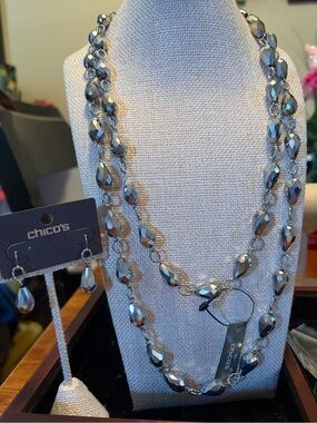 Chico's Metallic Hematite Faceted Teardrop Necklace & Earrings Set